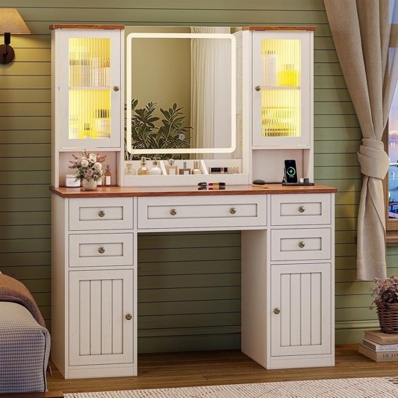 Farmhouse White Makeup Vanity Set with Mirrors and Light, Glasstop Vanity Table with Charging Station, Dressing Table with 5 Drawers and 2 Rgb Cabinets,Bedroom Furniture, Girls Gift