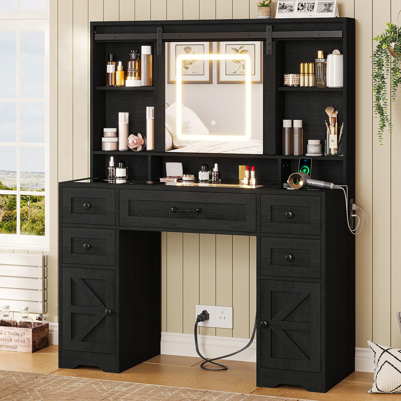 Farmhouse Vanity Table with Sliding Mirror and Charging Station, Makeup