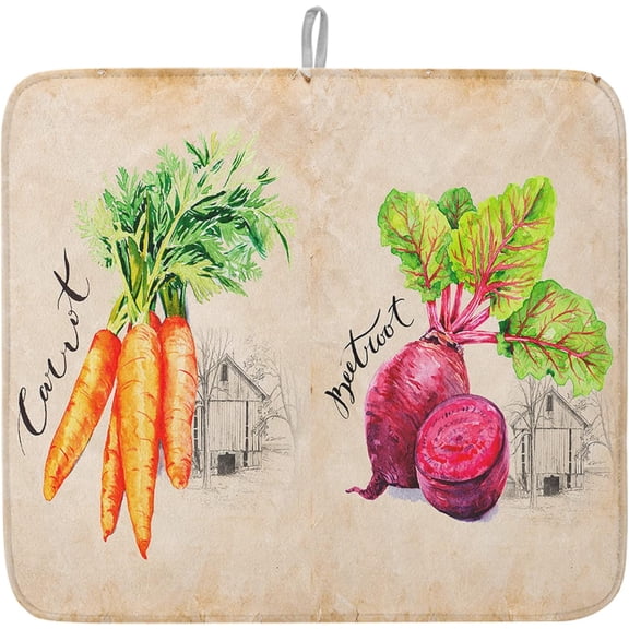 Farmhouse Vegetable Theme Dish Drying Mats for Kitchen Counter, Beetroot Carrot Artichoke Onion Microfiber Absorbent Dish Drainer/Rack Mat,Reversible Hangding Quick Drying kitchen Mat, 18x24inch