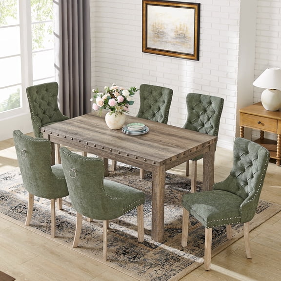 Farmhouse Velvet Dining Table Chair Set of 6, Rectangular Wooden Table& 6 Upholstered Diamond Tufted Parsons Chair with Nailhead Trim, Ergonomical Armless Chair Set for Dining Room, Kitchen