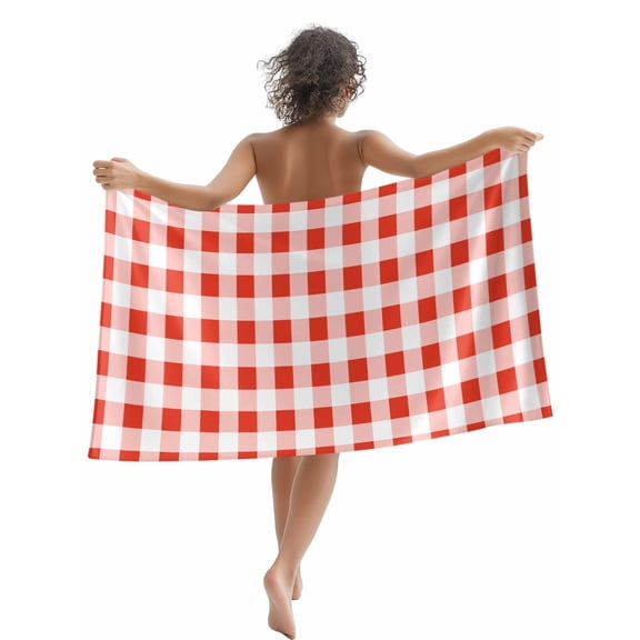 Farmhouse Vintage Beach Towels Blanket Soft & Absorbent Quick Dry Microfiber Gingham Checkered Texture Pool Towels for Swimming ,Yoga, Sports, Gym, Camping,Large 30X60in, Tomato Red