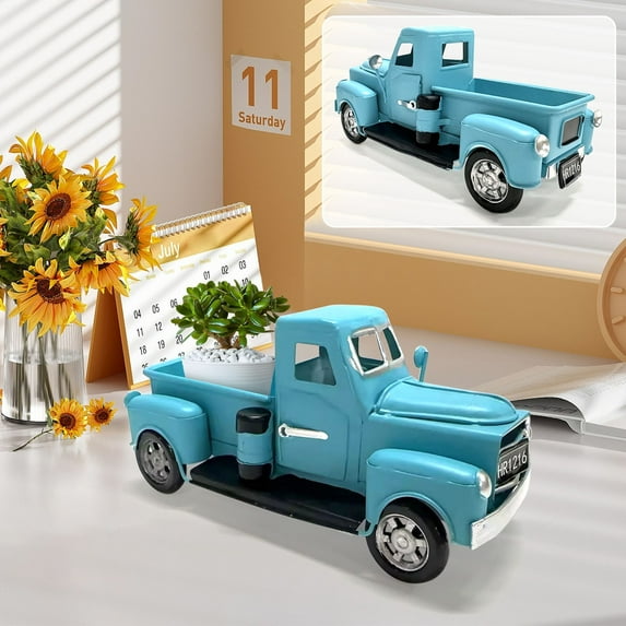 Farmhouse Vintage Blue Truck Decor, Retro Spring Metal Truck Table Decor, Decorative Farm Tabletop Storage & Garden Pickup Trucks Planter, Fall Coffee Desk Centerpiece