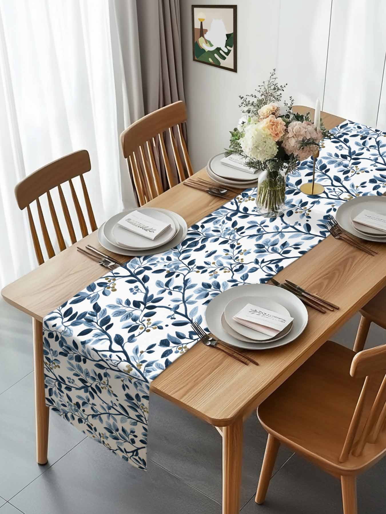 Farmhouse Vintage Branches Table Runner 90 Inches Long, Country Blue Leaf Fruit Table Runners Tabletop Scarf Kitchen Dining Tables Decoration for Home Party Indoor Outdoor