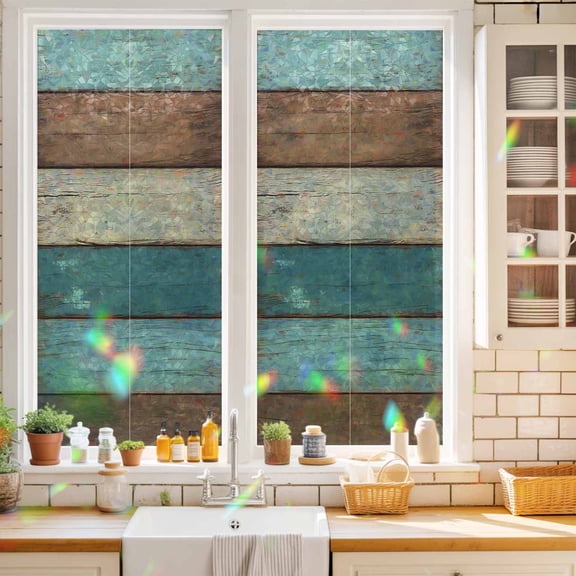 Farmhouse Vintage Brown Wood Board Window Privacy Film,Decorative Windows Static Cling Shabby Farm Wooden Heat Control Removable Glass Sticker for Home Bathroom Bedroom Window Door,17.7x39.3in