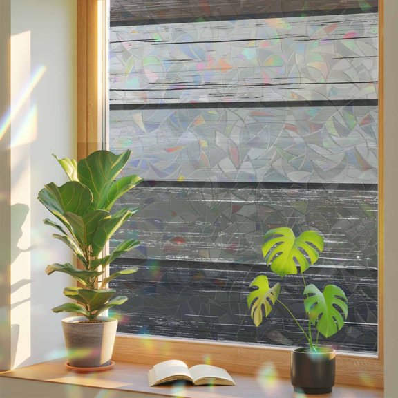 Farmhouse Vintage Brown Wood Board Window Privacy Film, Rainbow Film Decorative Window Sticker 17.7x39.3in, Old Wooden Sun Blocking Static Stained Glass Cling Tint Non-Adhesive