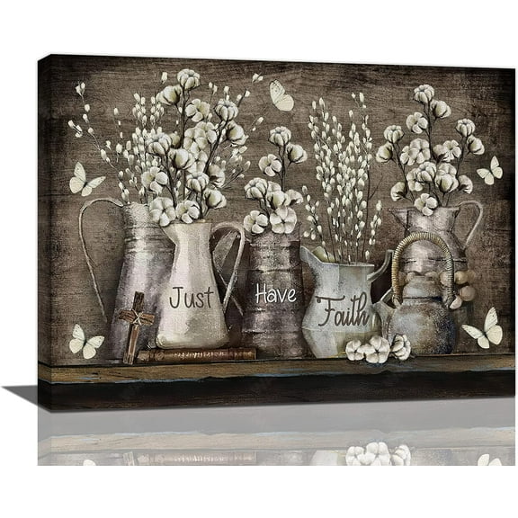 Farmhouse Vintage Cotton Wall Art Country Flower Pictures Wall Decor Rustic Canvas Print Painting Modern Home Framed Artwork For Kitchen Bathroom Living Room Bedroom 12"X16"