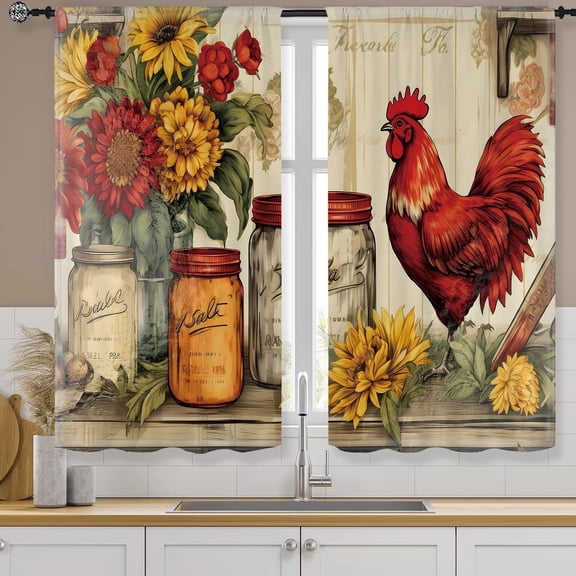 Farmhouse Vintage Country Rooster Kitchen Curtains Rod Pocket Sunflower Wood Board Rustic Flower Small Short Tier Cafe Retro Red Floral Window Treatment Drape Decor(27.5W X 39L Inch 2 Panels)