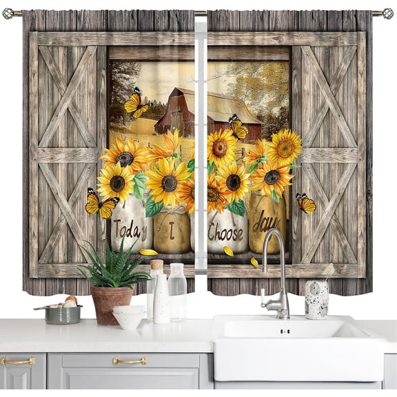 Farmhouse Vintage Country Sunflower Kitchen Curtains 2 Panels Rod Pocket Rustic Yellow Floral Inspirational Small Short Cafe Tier Window Curtains Cottage Window Drapes Treatment Decor 42x63 Inch