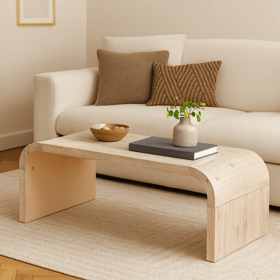 Farmhouse Vintage Crafts Coffee Table,Curved Art Deco Design, Easy Assembly, 48" W x 24" D x 18"(Natural Wood Washed)