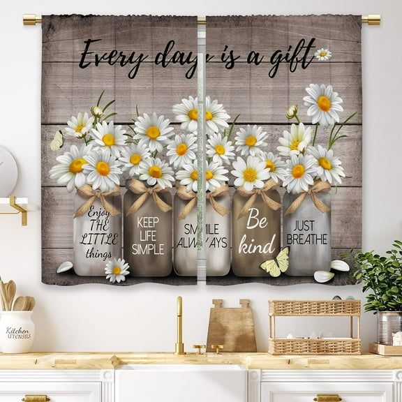 Farmhouse Vintage Daisy Floral Kitchen Curtains Rustic Flower Inspirational Small Short Cafe Window Curtains Wooden Country Quotes Bathroom Living Room Bedroom Drapes Treatment(27.5x36 Inch)