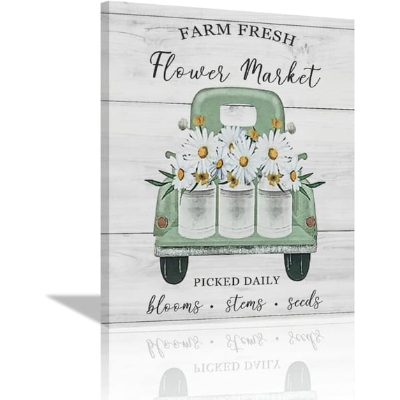Farmhouse Vintage Daisy Truck Wall Art Farm Floral Pickup Pictures Wall Decor Rustic Country Farm Flower Canvas Prints Painting Framed Artwork for Bathroom Bedroom Living Room Kitchen 12"x16"
