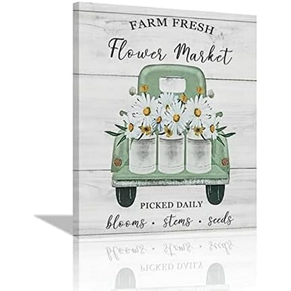 Farmhouse Vintage Daisy Truck Wall Art Farm Floral Pickup Pictures Wall Decor Rustic Country Farm Flower Canvas Prints Painting Framed Artwork for Bathroom Bedroom Living Room Kitchen 12"x16"