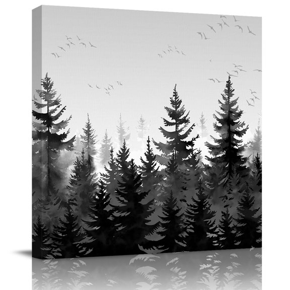 Farmhouse Vintage Dark Gray Forest Bird Canvas Artwork Painting Art, Watercolor Art Square Framed Wall Decorations Prints Picture for Bedroom Kitchen Living Room, 8x8 in