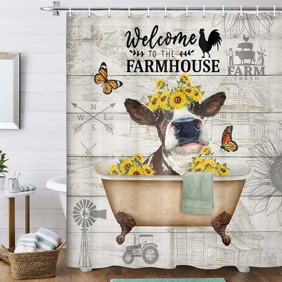Farmhouse Vintage Funny Farm Cow Sunflowers Bathroom Polyester Shower Curtain with Hooks (72"X72")