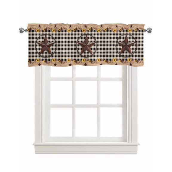 Farmhouse Vintage Kitchen Valances for Windows Farmhouse Linen Window Valance Curtain for Living Room Window Treatment Western Country Star Brown Plaid Valance Rod Pocket Topper Drape, 42 x 12 Inch
