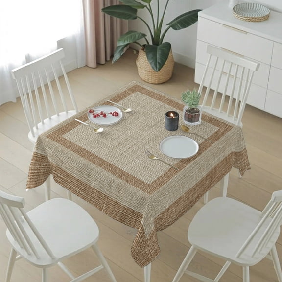 Farmhouse Vintage Linen Table Cloth 54x54in, Waterproof Square Tablecloth Wipeable Tablecloths Retro Tan Linen Texture Table Covers for Dining Tables Party Indoor Outdoor