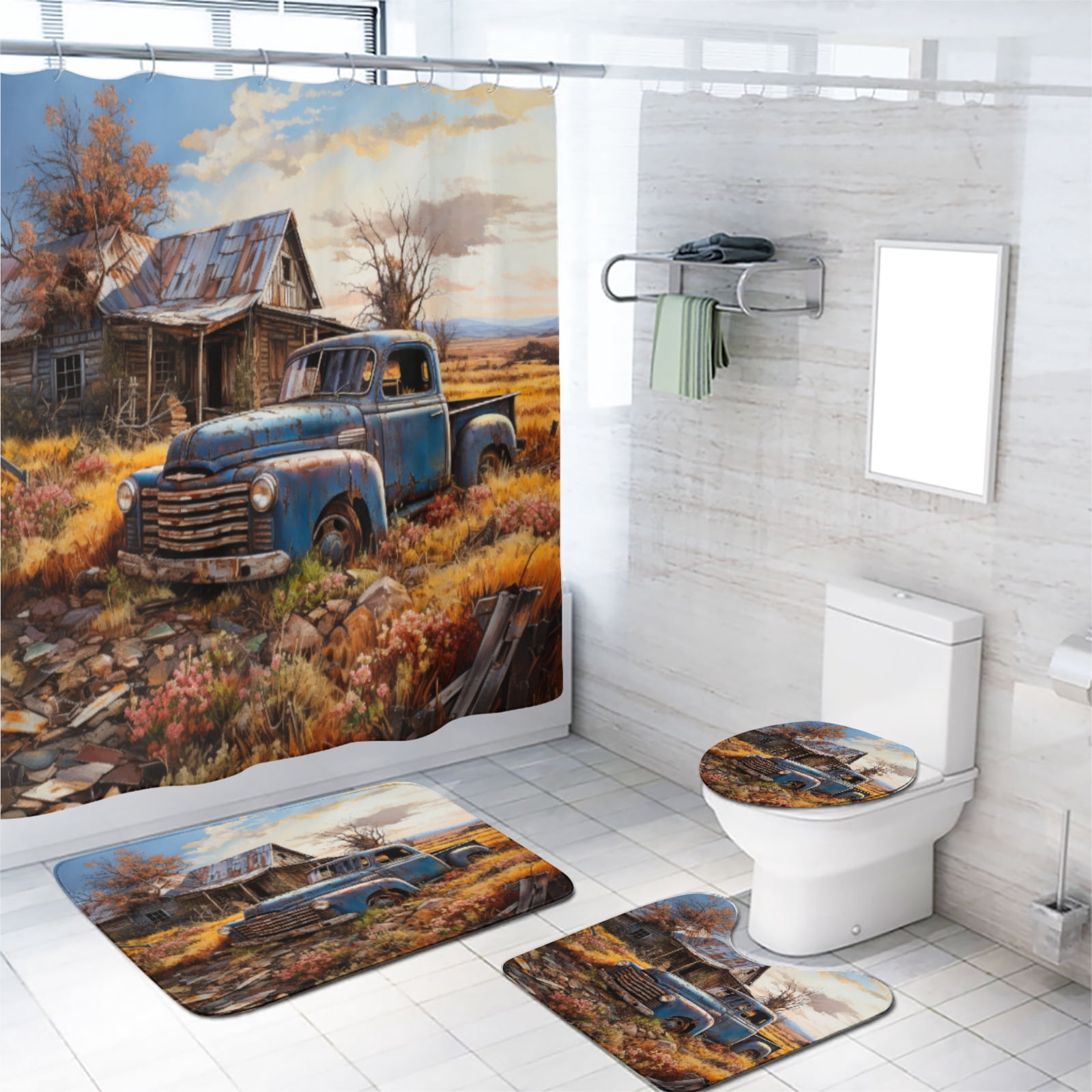 Farmhouse Vintage Old Truck Shower Curtain Set Rustic Wooden Barn Retro American Classic Antique Car with 12 Hooks, Bath Mat Set Bathroom Decor by Durable Waterproof Fabric, 72x72 Inch