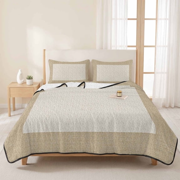 Farmhouse Vintage Pastoral Style Burlap Texture 3 Pieces Quilt Set,1 Quilt with 2 Shams,Retro Linen Bedspread Soft Lightweight Bedding Coverlet Comforter Set for All Season 96"x106"