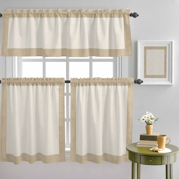 Farmhouse Vintage Pastoral Style Burlap Texture Curtain Tier and Valance Set 3 Piece, Retro Linen 3-inch Rod Pocket Window Tier Curtains Valance for Kitchen Living Room