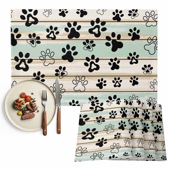 Farmhouse Vintage Placemats Set of 12, Pet Dog Paws Wood Texture Table Mats Washable Heat-Resistant Non-Slip Place Mats for Kitchen Dinner Table Indoor Outdoor Decor,13x19 Inch Green