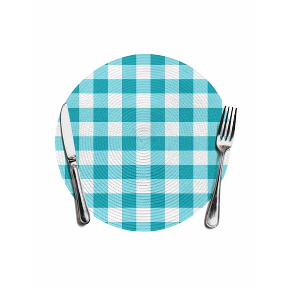 Farmhouse Vintage Round Table Placemats 1 pc, Gingham Checkered Texture Washable Woven Place Mats for Dining Tables Kitchen Party Decor,Heat Proof, 13in, Aqua Turquoise