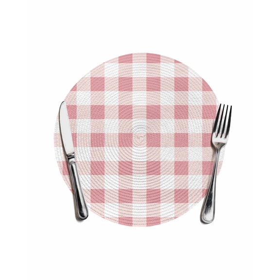 Farmhouse Vintage Round Table Placemats 1 pc, Gingham Checkered Texture Washable Woven Place Mats for Dining Tables Kitchen Party Decor,Heat Proof, 13in, Pink