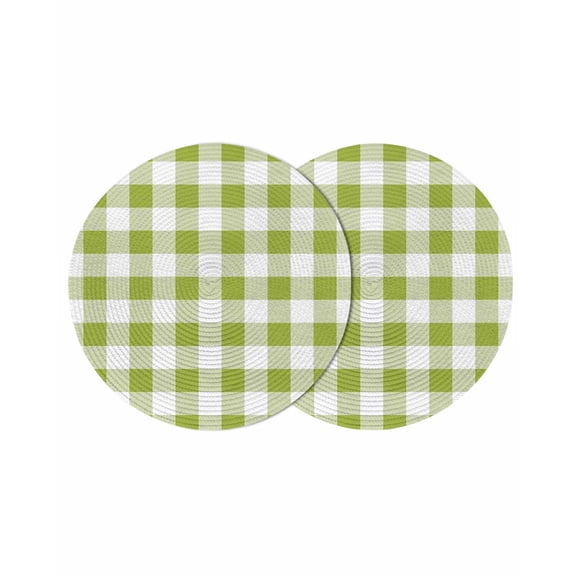 Farmhouse Vintage Round Table Placemats set of 2, Gingham Checkered Texture Washable Woven Place Mats for Dining Tables Kitchen Party Decor,Heat Proof, 13in, Yellow Green