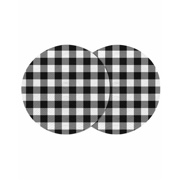 Farmhouse Vintage Round Table Placemats set of 2, Gingham Checkered Texture Washable Woven Place Mats for Dining Tables Kitchen Party Decor,Heat Proof, 15in, Black White