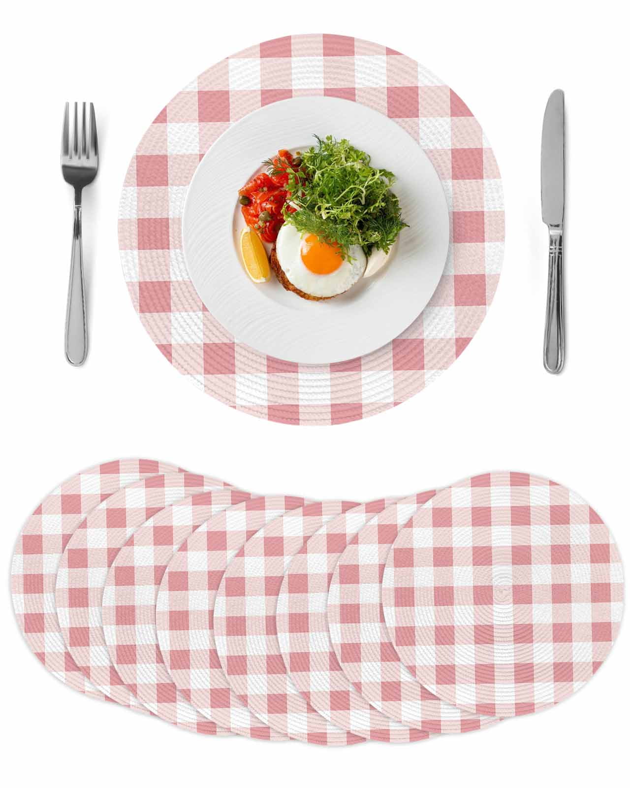 Farmhouse Vintage Round Table Placemats set of 8, Gingham Checkered Texture Washable Woven Place Mats for Dining Tables Kitchen Party Decor,Heat Proof, 13in, Pink