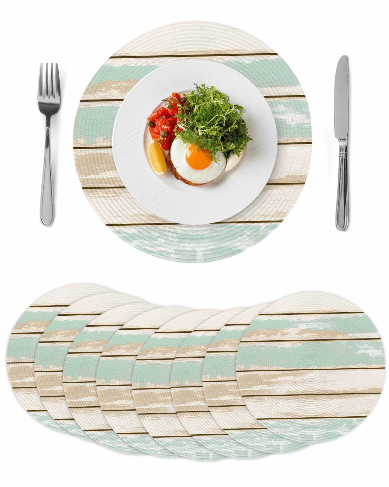 Farmhouse Vintage Round Table Placemats set of 8, Rustic Wood Texture Washable Woven Place Mats for Dining Tables Kitchen Party Decor,Heat Proof, 13in, Beige Green