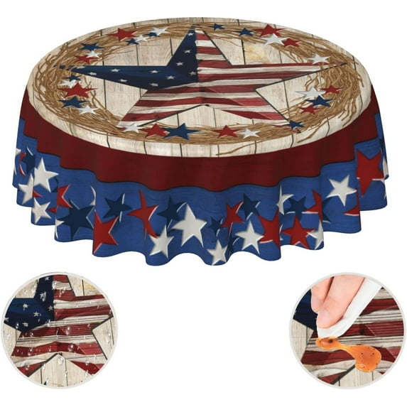 Farmhouse Vintage Rustic 4th American Flag Patriotic Star Wooden Waterproof Picnic Round Table Cloth Cover Decorations Fabric 60 Inch Circular Tablecloth For 20-47 Inch Home Dining Room Kitchen