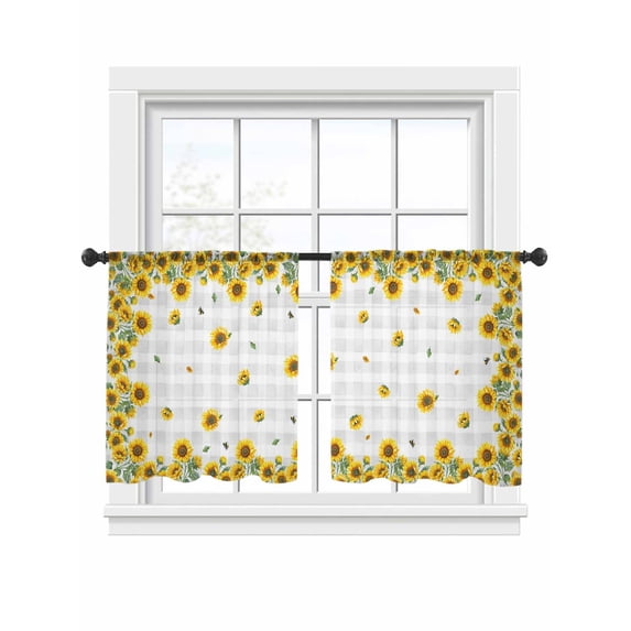 Farmhouse Vintage Sheer Curtains for Living Room Bedroom, Sunflowers Floral Botanical Grey Plaid Light Filtering Sheer Curtains, Rod Pocket Voile Window Drapes, 2 Panels Set 54"x 45"