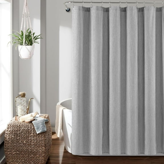 Farmhouse Vintage Stripe Yarn Dyed Cotton Blend Shower Curtain Single 60x72in Gray Striped Shower Curtains for Bathroom