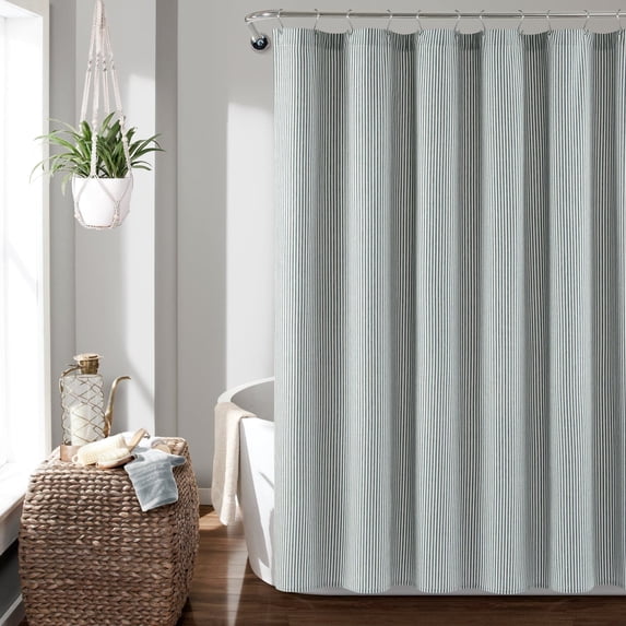 Lush DecorFarmhouse Vintage Stripe Yarn Dyed Cotton Shower Curtain Navy Single 72X72