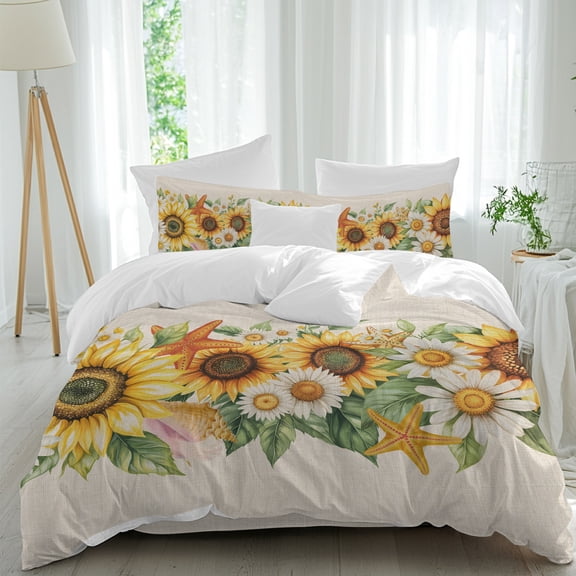 Farmhouse Vintage Sunflowers Queen Size Bed Set,Daisy Leaves Starfish on Burlap Bedding for All Seasons,4 Pcs Bed Set,1 Quiltcover (90"x92"),1 Sheet(94"x116"),2 Pillowcases (30"x20")