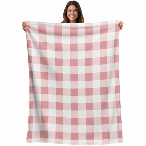 Farmhouse Vintage Throw Blankets, Gingham Checkered Texture Soft Fleece Blanket Decorative for Home Sofa Couch Chair Living Bedroom, 30x40 Inches, Pink