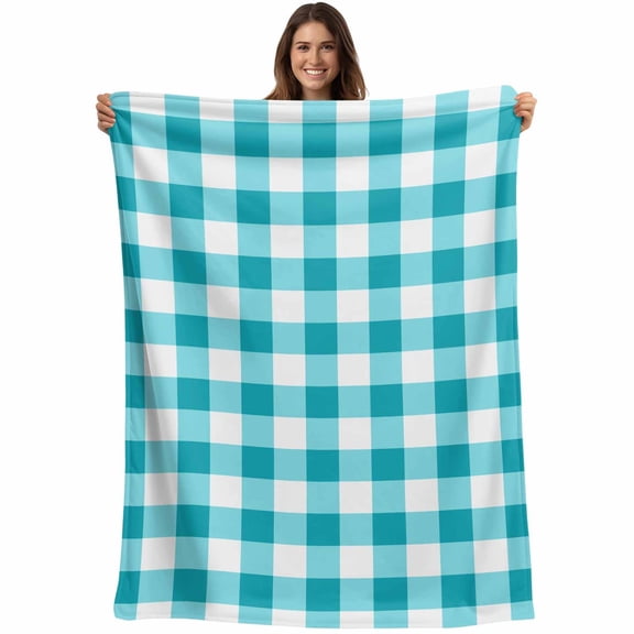 Farmhouse Vintage Throw Blankets, Gingham Checkered Texture Soft Fleece Blanket Decorative for Home Sofa Couch Chair Living Bedroom, 50x60 inches, Aqua Turquoise