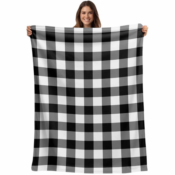 Farmhouse Vintage Throw Blankets, Gingham Checkered Texture Soft Fleece Blanket Decorative for Home Sofa Couch Chair Living Bedroom, 50x60 inches, Black White