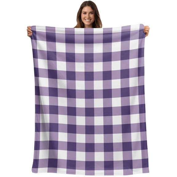Farmhouse Vintage Throw Blankets, Gingham Checkered Texture Soft Fleece Blanket Decorative for Home Sofa Couch Chair Living Bedroom, 50x60 inches, Purple White