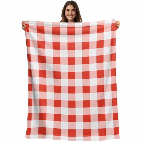 Farmhouse Vintage Throw Blankets, Gingham Checkered Texture Soft Fleece Blanket Decorative for Home Sofa Couch Chair Living Bedroom, 50x60 inches, Tomato Red