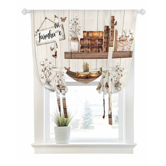 Farmhouse Vintage Tie Up Curtains for Window, Thermal Insulted Balloon Shade Adjustable Rod Pocket Curtains Valance Panels for Kitchen Bathroom Cafe 52 x 45 Country Cotton Book Butterfly Art