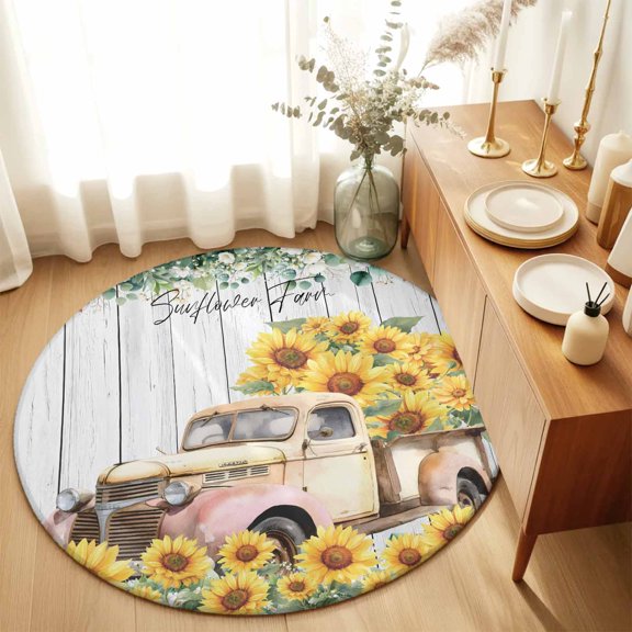 Farmhouse Vintage Truck Sunflower Round Area Rug 3ft,Living Room Rug Non-Slip Washable Circle Rugs Pad,Spring Flower Leaf Wood Soft Floor Carpet for Bedroom Dining Room