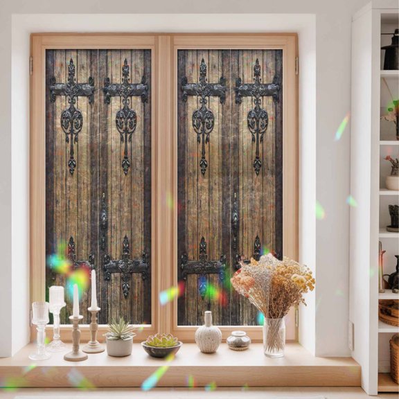 Farmhouse Vintage Wood Board Window Privacy Film,Decorative Windows Static Cling Brown Wooden Heat Control Removable Glass Sticker for Home Bathroom Bedroom Window Door,23.6x59in