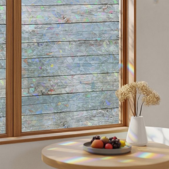 Farmhouse Vintage Wood Board Window Privacy Film,Heat Control Sun Blocking Static Cling Rainbow Film,Blue Gray Wooden Plank Non-Adhesive Glass Sticker Door Window Tint,17.7" x 39.3"