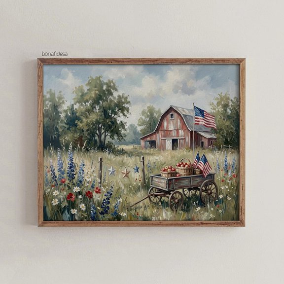 Farmhouse Wagon American Flag Rustic Barn Fourth Of July Wall Art