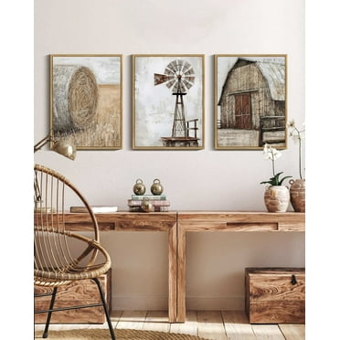 Farmhouse Wall Art 11x14in Natural Framed Vintage Rustic Windmill Barn Cornfield Pictures Framed Painting Landscape Countryside Rural  Decor ﻿