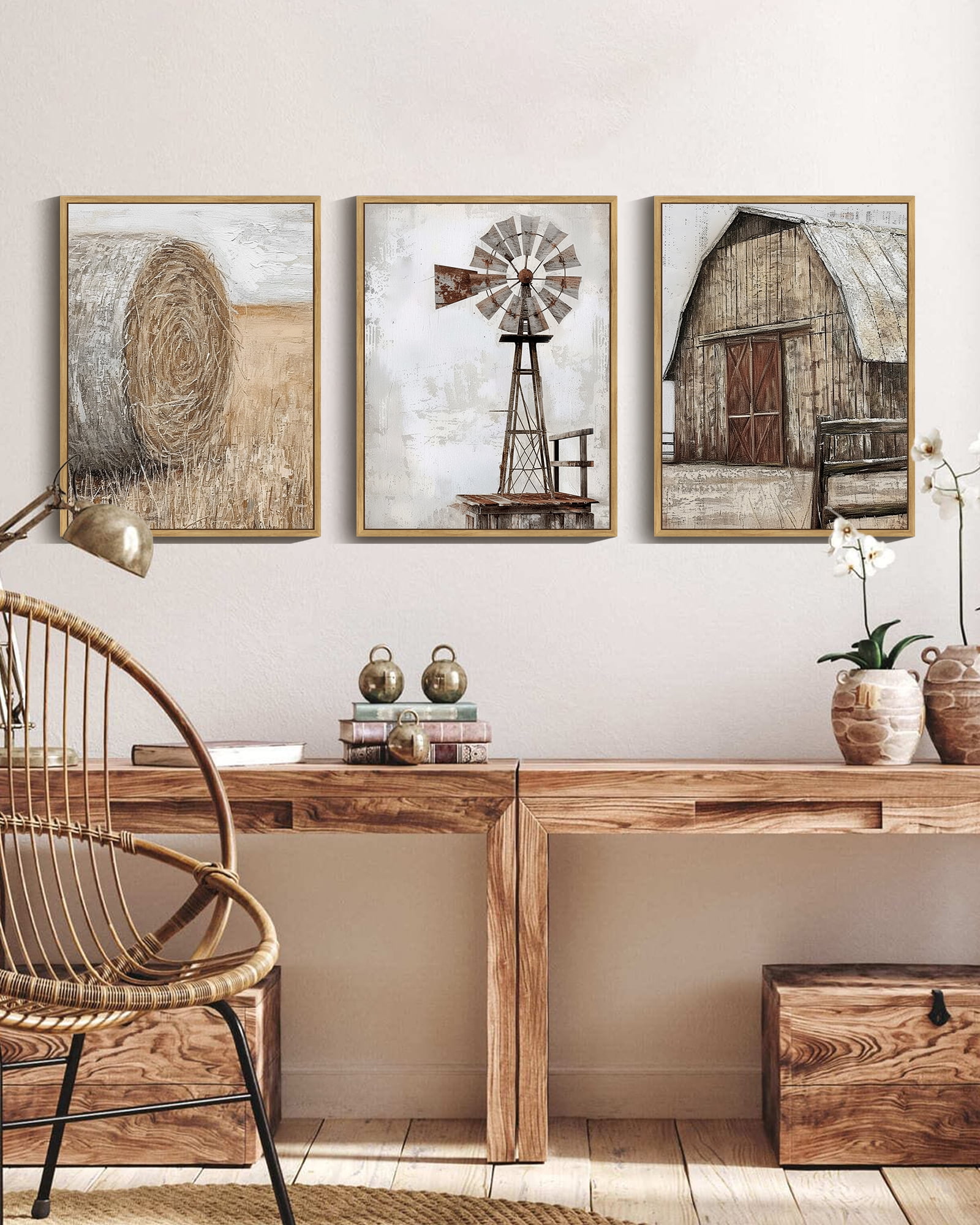 Farmhouse Wall Art 11x14in Natural Framed Vintage Rustic Windmill Barn