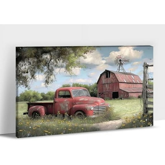 Farmhouse Wall Art, Barn and Vintage Windmill Picture Canvas Wall Art, Red Old Truck Canvas Prints, Vibrant Spring Country Landscape Prints for Farmhouse Living Room, Bedroom Wall Decor 12x18 Inches