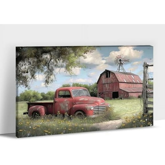 Farmhouse Wall Art, Barn and Vintage Windmill Picture Canvas Wall Art, Red Old Truck Canvas Prints, Vibrant Spring Country Landscape Prints for Farmhouse Living Room, Bedroom Wall Decor 12x18 Inches
