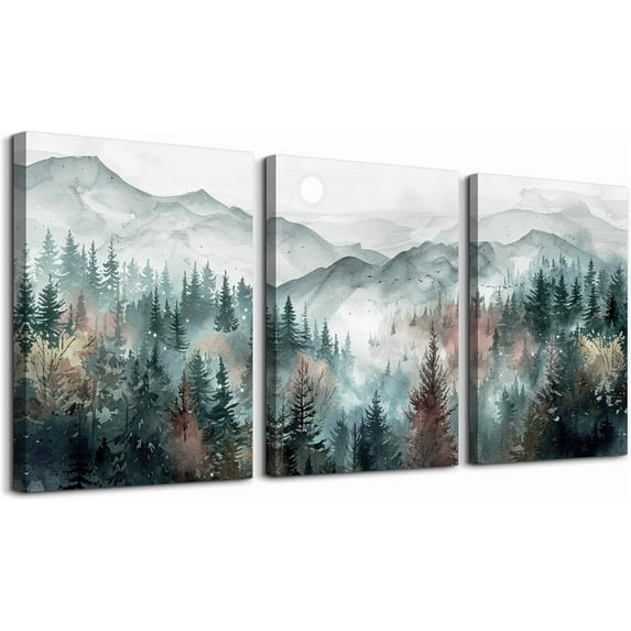 Farmhouse Wall Art For Bedroom Wall Decor For Living Room Wall Pictures for Office Fog Forest Mountain Landscape Watercolour Painting Artwork Modern Home Decorations Ready To Hang 3 Piece